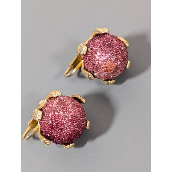 Vintage Raspberry Pink Sugared Round Clip On Earrings Gold Tone MCM Bold - Picture 3 of 9